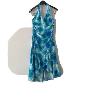 Women DS Sleeveless Dress Aqua Graphic Soft Mid- Length L Sz